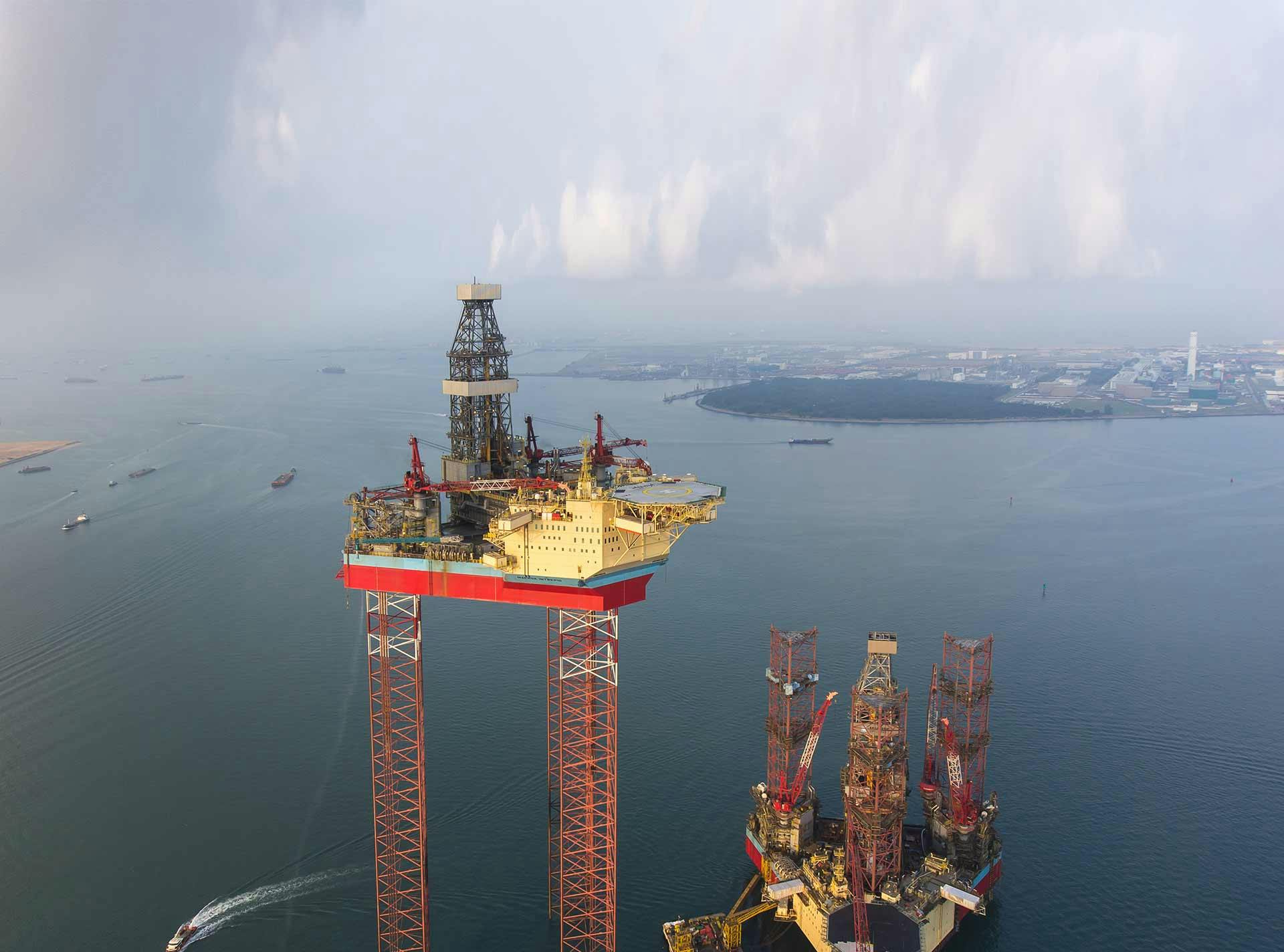 An offshore rig on a BLM jacking system overlooking the shore in the distance